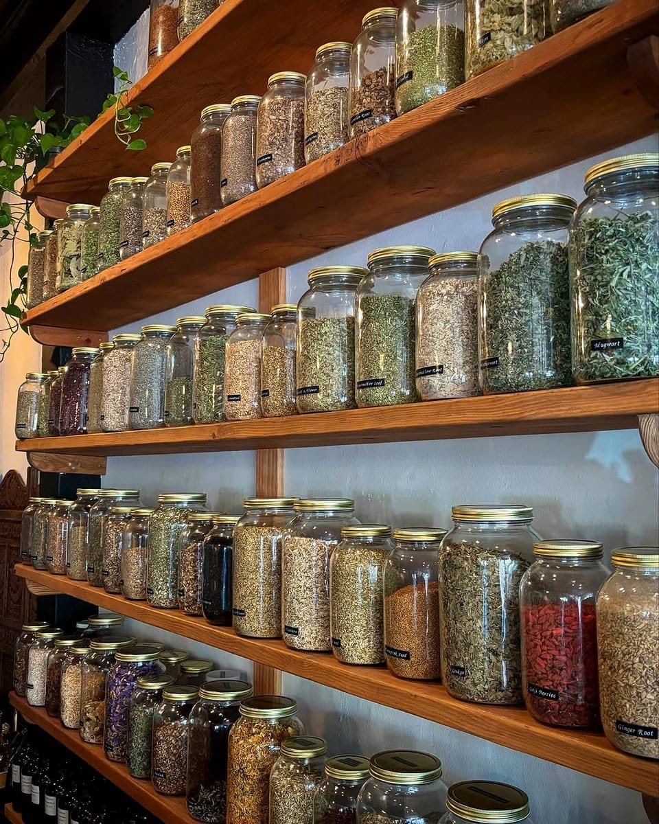 mason jars with herbs on wall