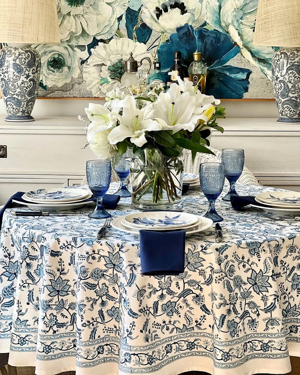 floral tablecloth on dining table