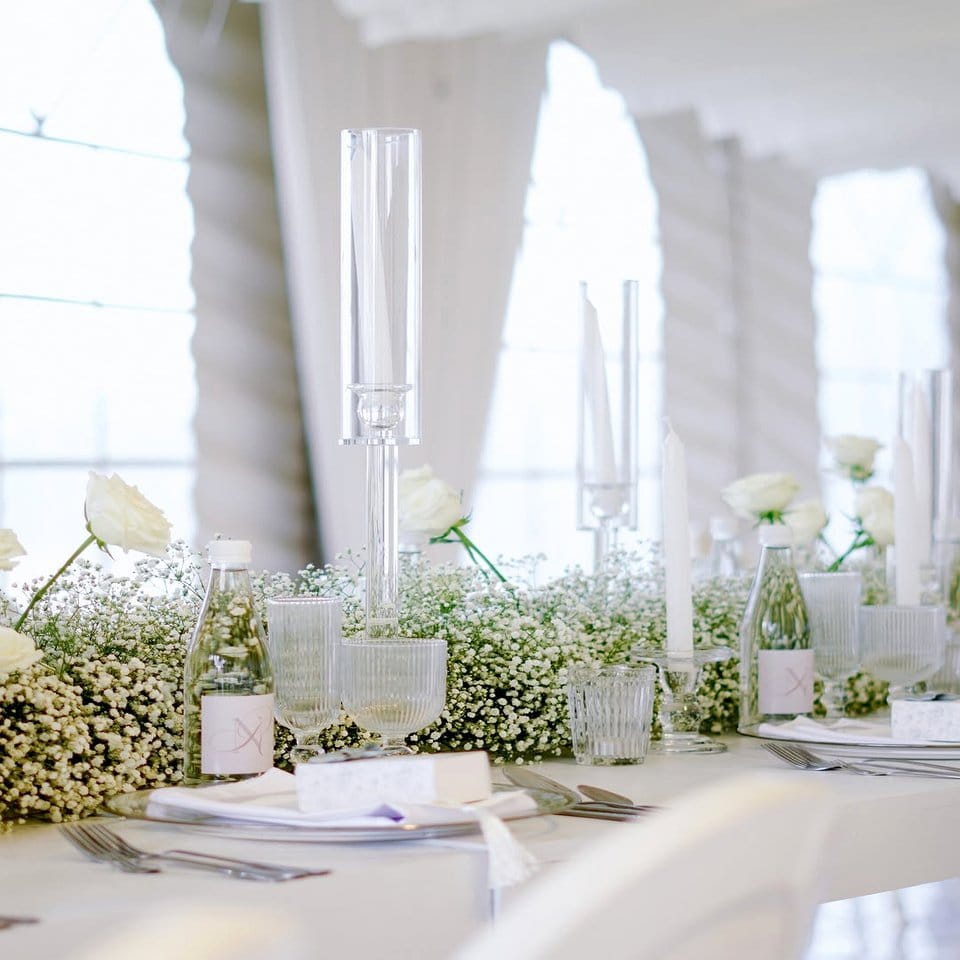Elegant dining table centerpiece with salt crystals and plants