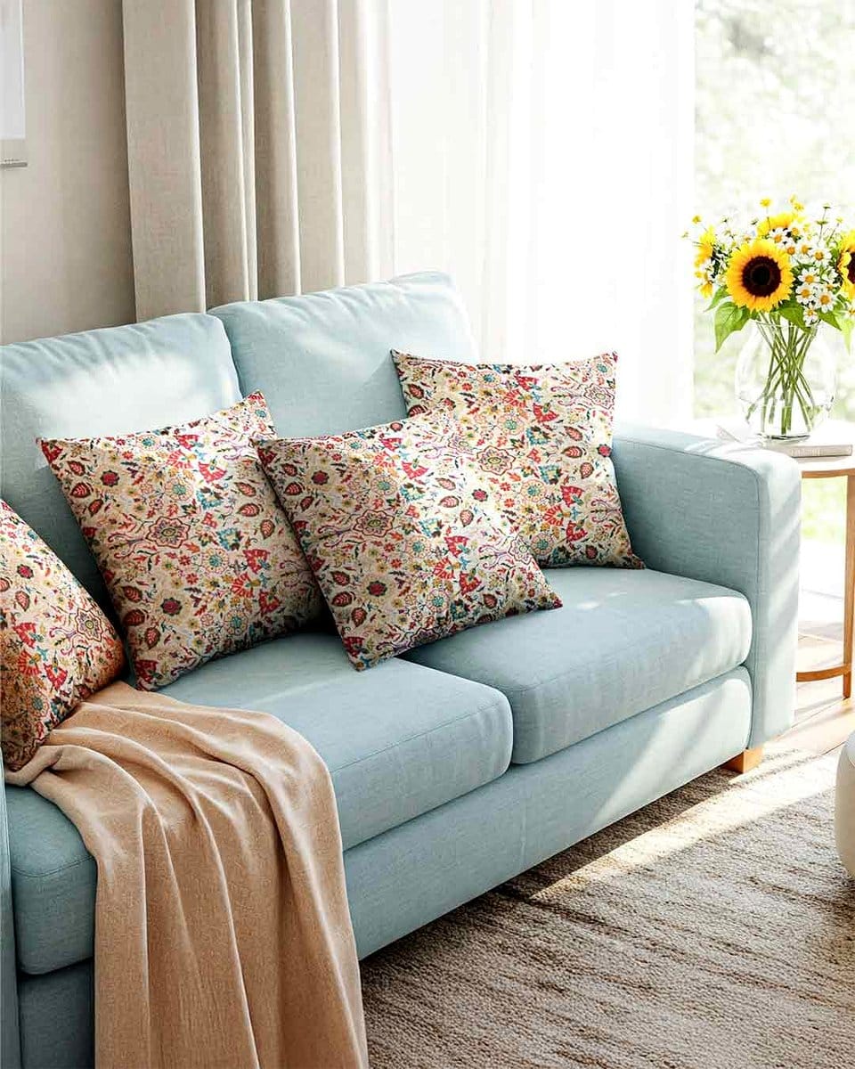 floral cushions on a sofa