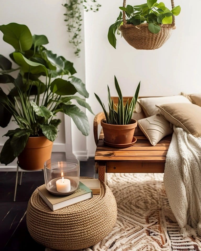 Peace lily on wooden side table