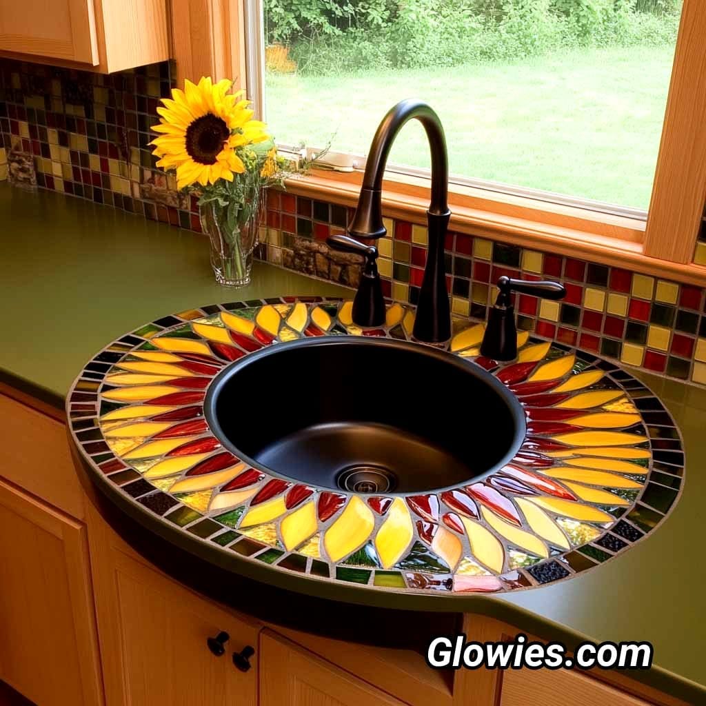 mosaic tile sink with colorful flowers