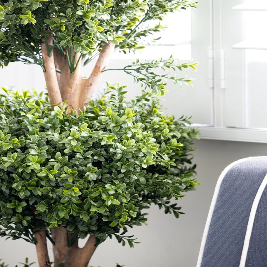 Inviting corner with a plush chair and leafy plants