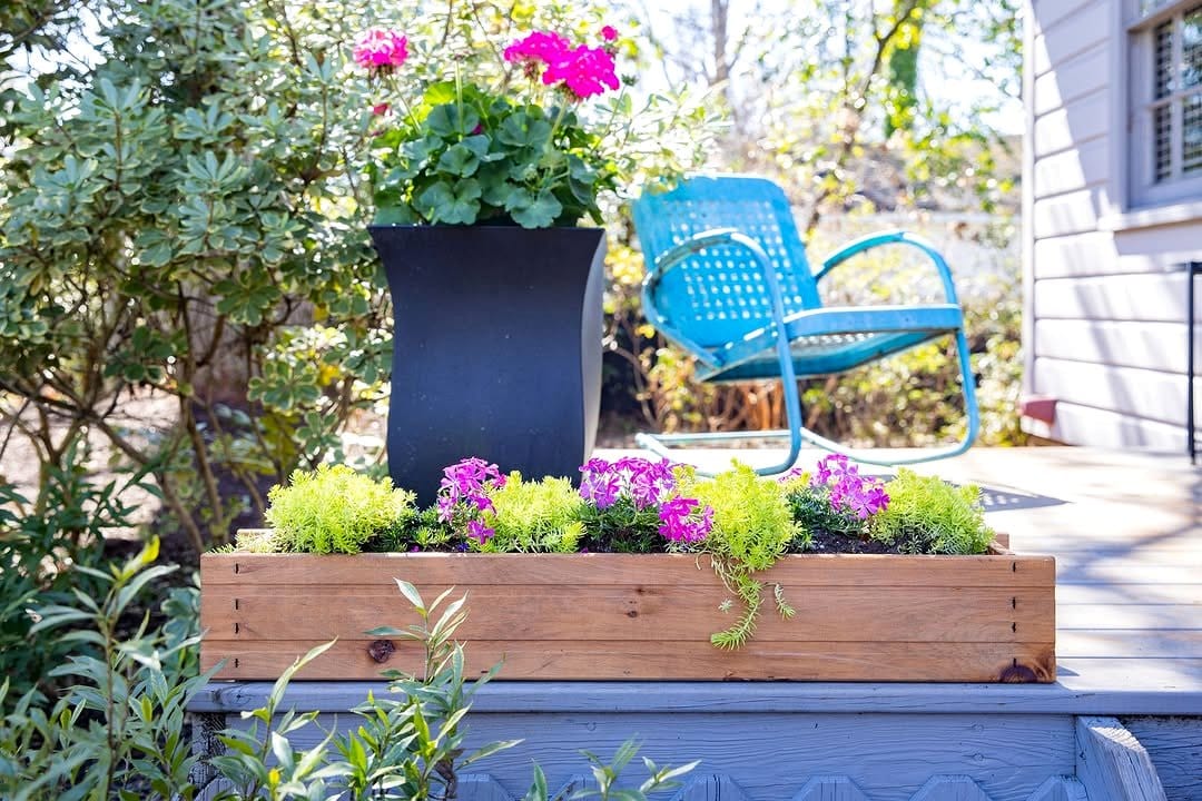 rustic wooden planter on patio