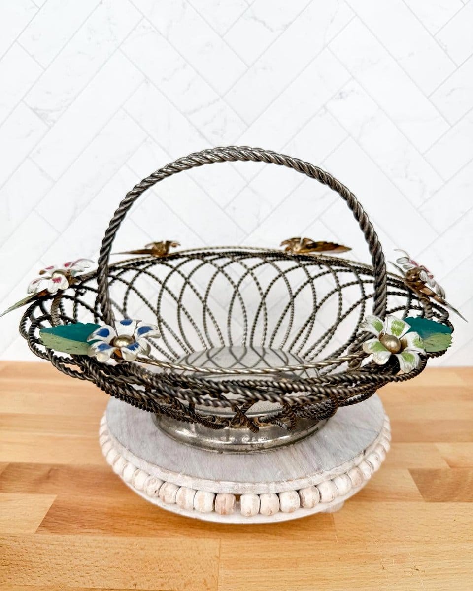 antique metal basket with daisies