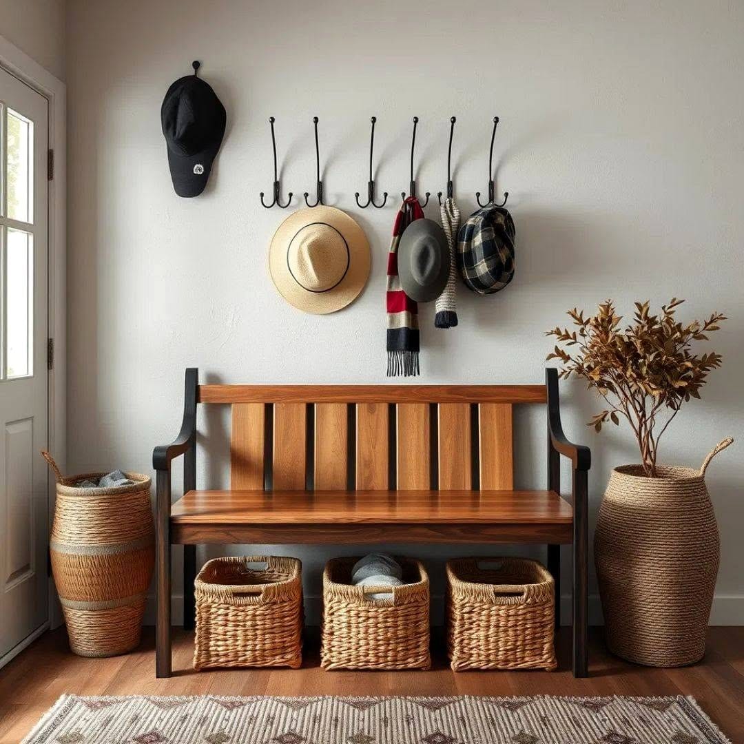 Wooden entryway bench with storage baskets