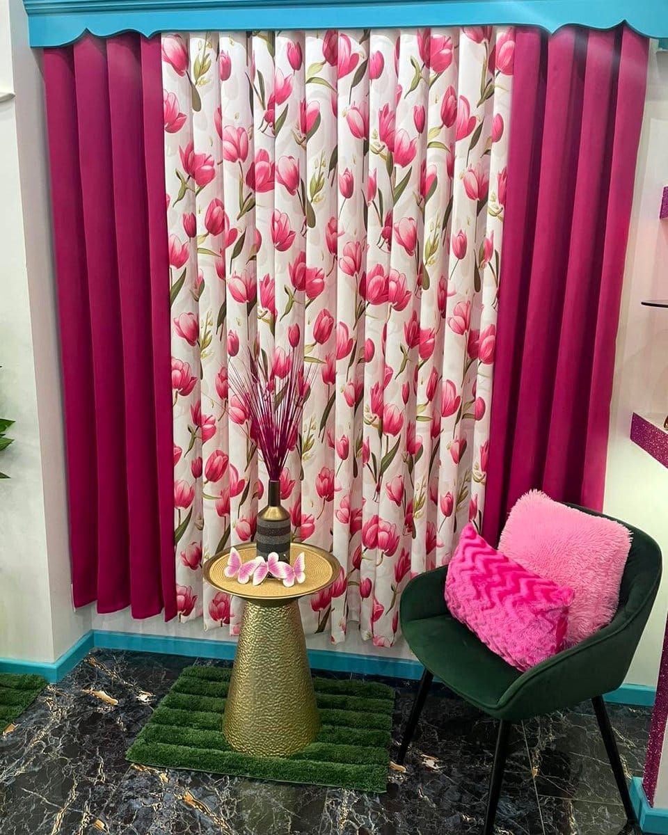 leaf-patterned curtains in bright colors