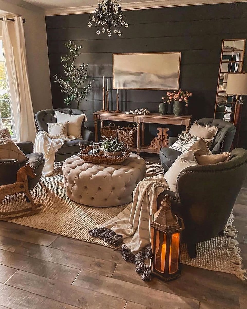 Shiplap wall in rustic living room