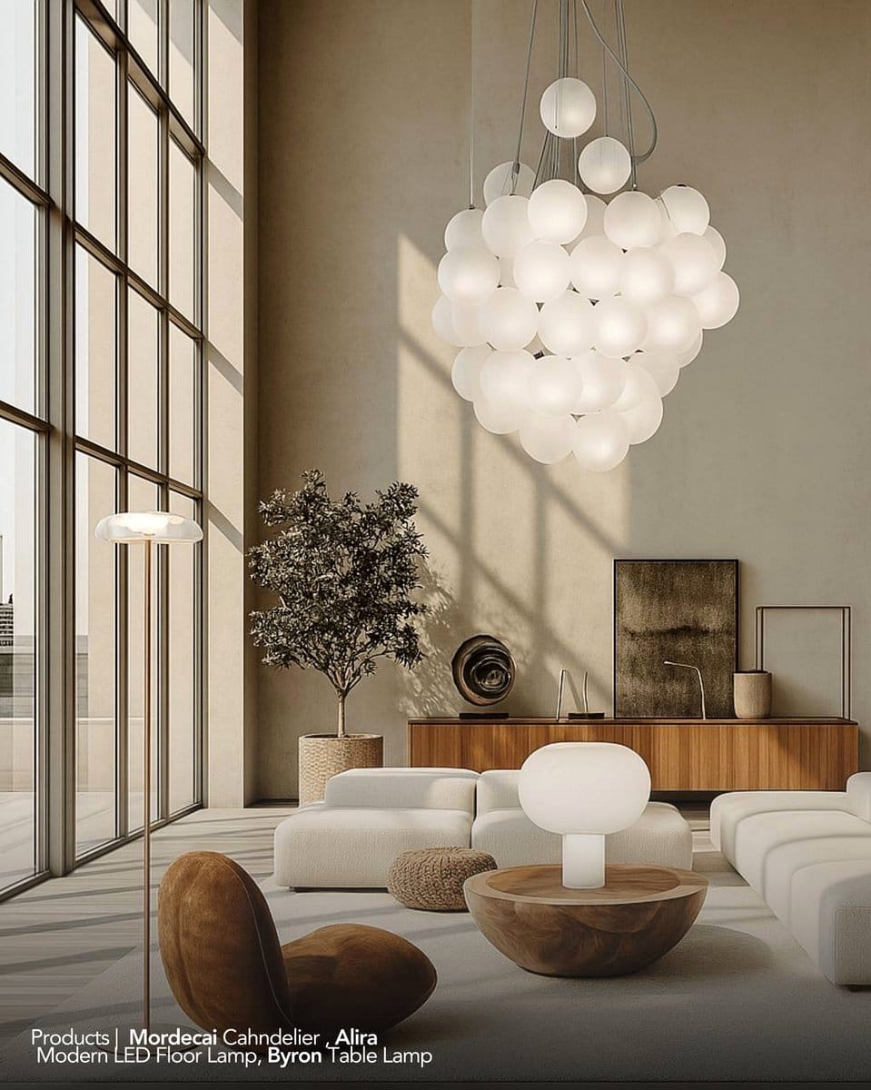 room with layered pendant lights