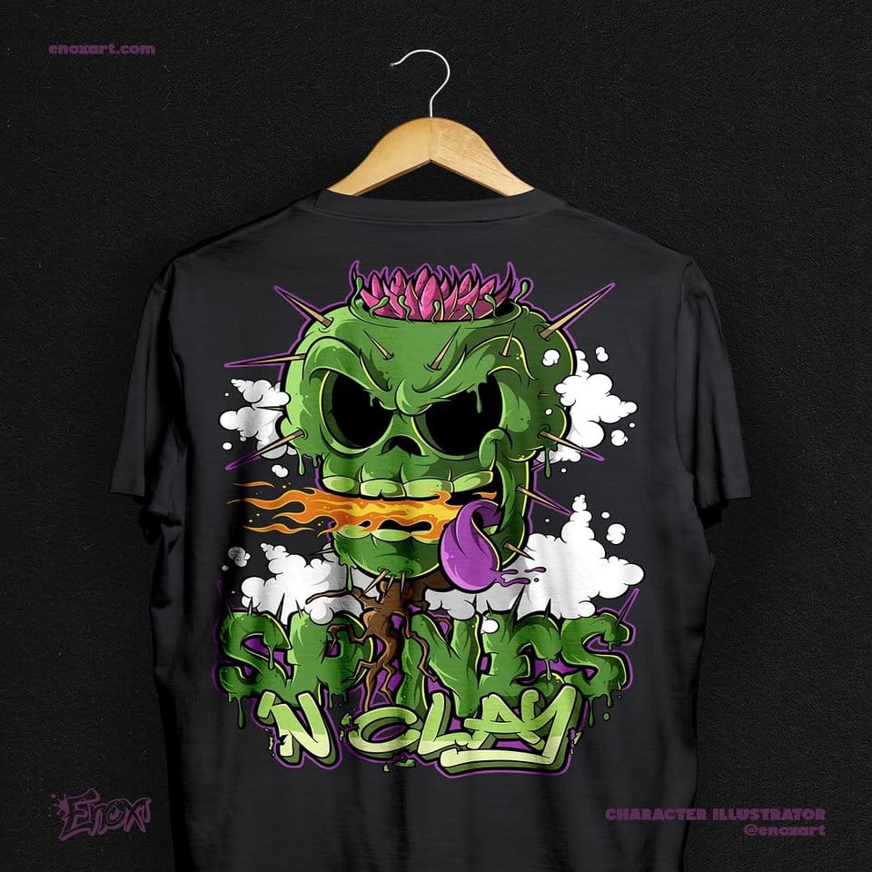 Glowing neon skull with vibrant cacti