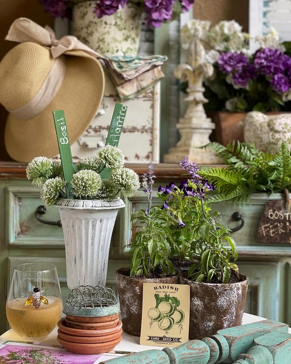 lavender plant on a rustic wooden record cabinet