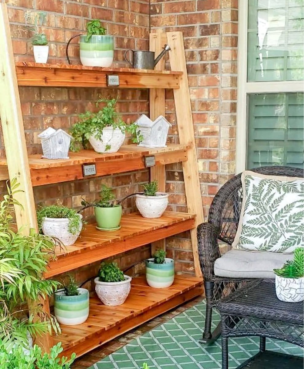 tiered wooden shelves with plants