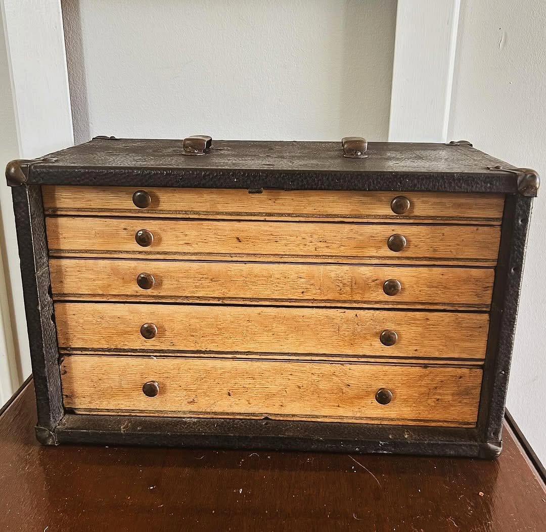 vintage wooden toolbox with garden tools