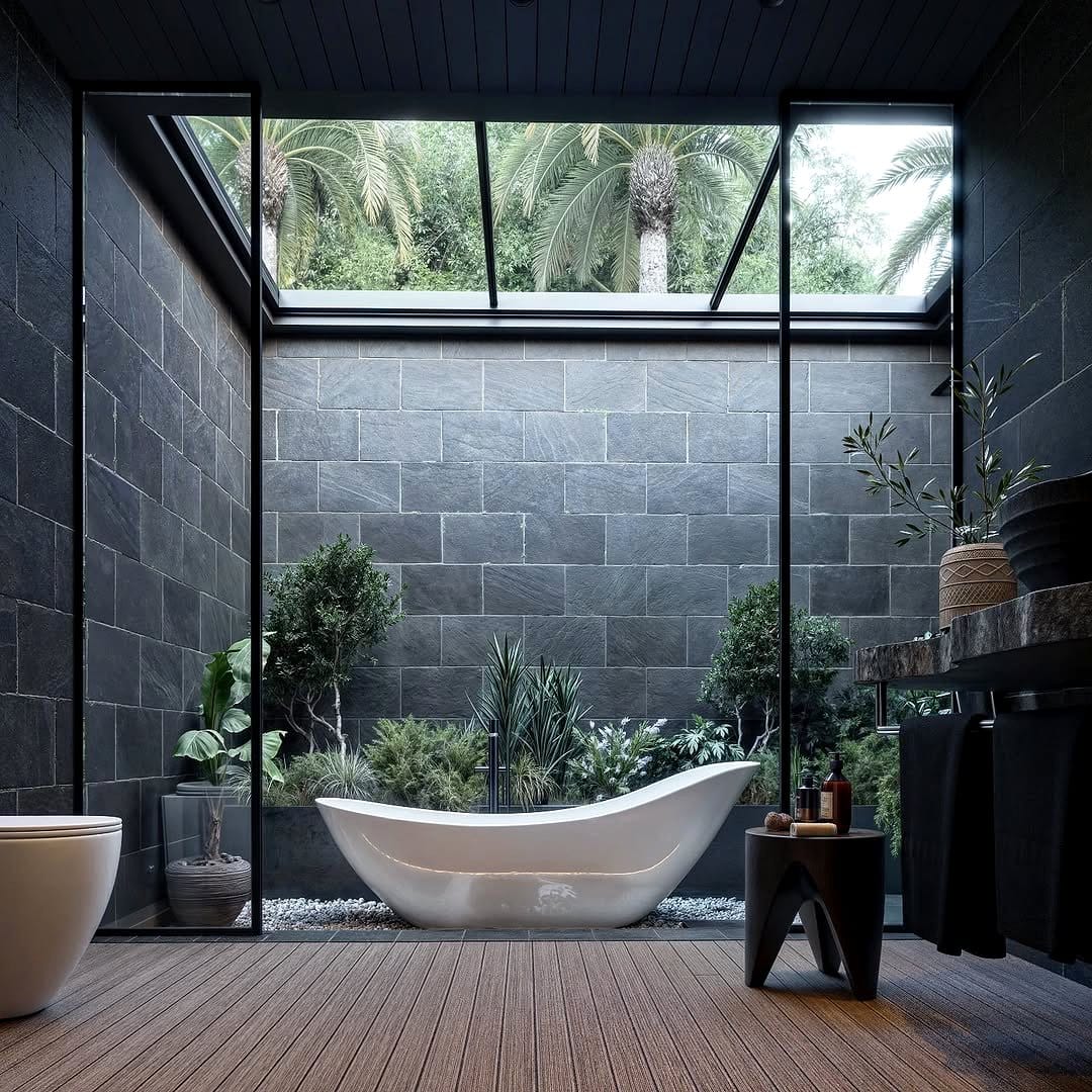 bathroom with plant shadow lighting