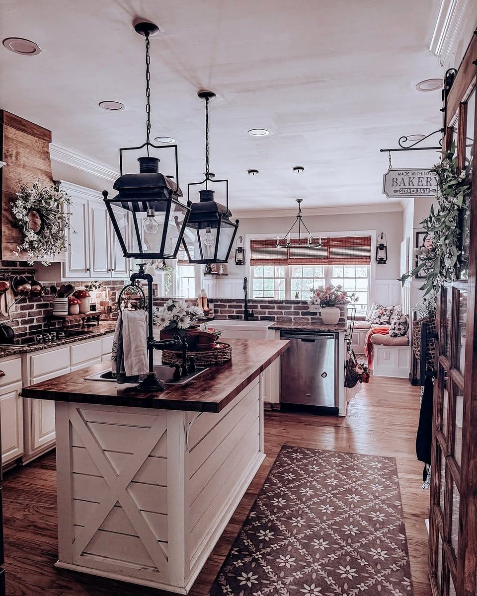 rustic plant chandelier in farmhouse kitchen