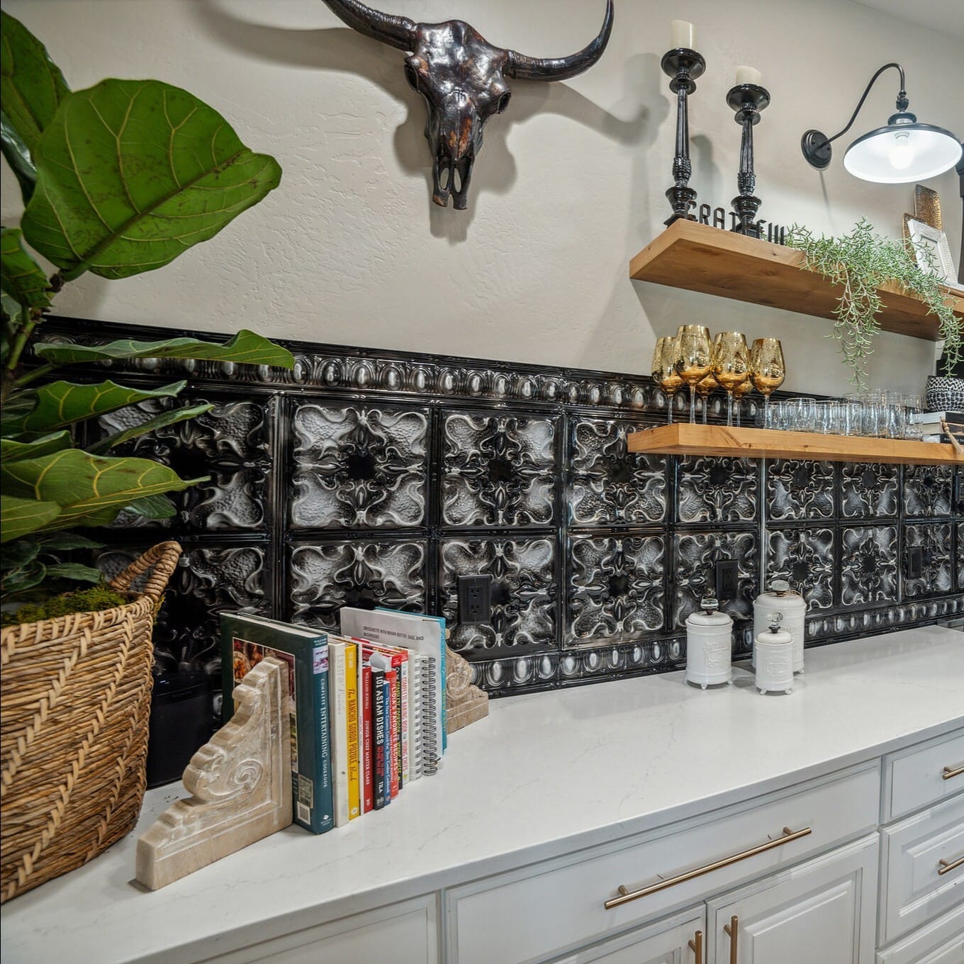 kitchen backsplash with tin can herb pots