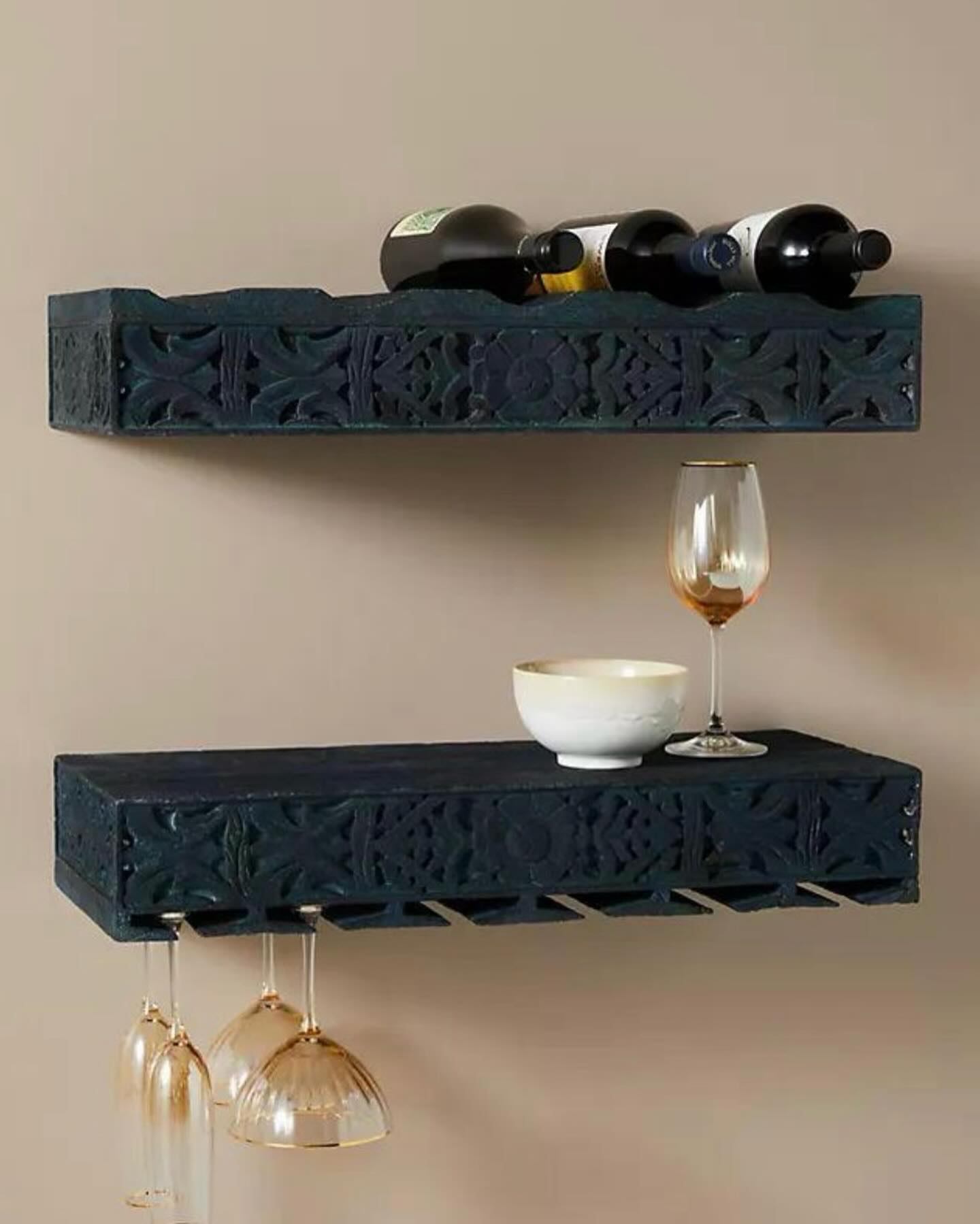 wine bottle planters on floating shelves