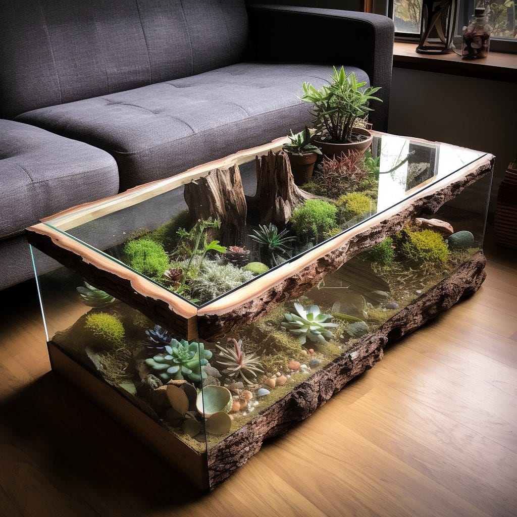 glass-top coffee table with terrarium inside