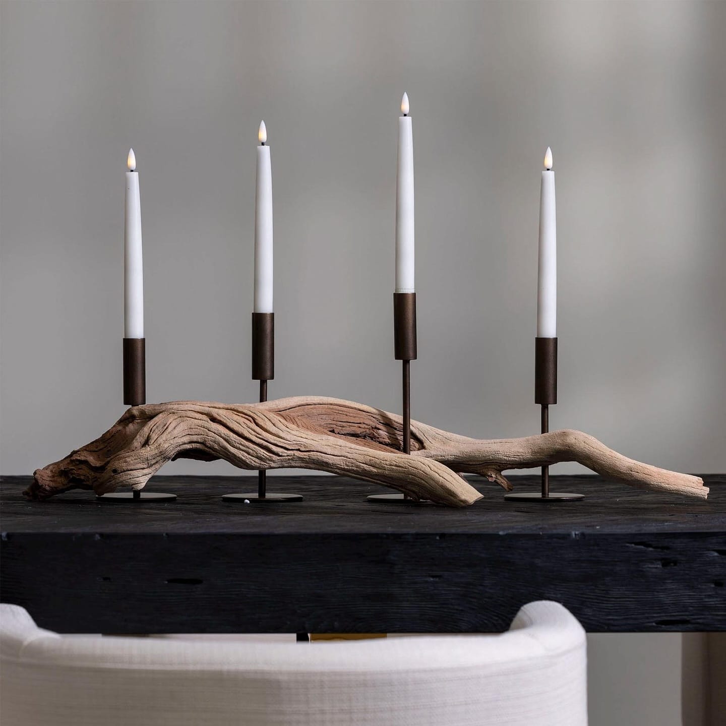 driftwood with candles and ivy