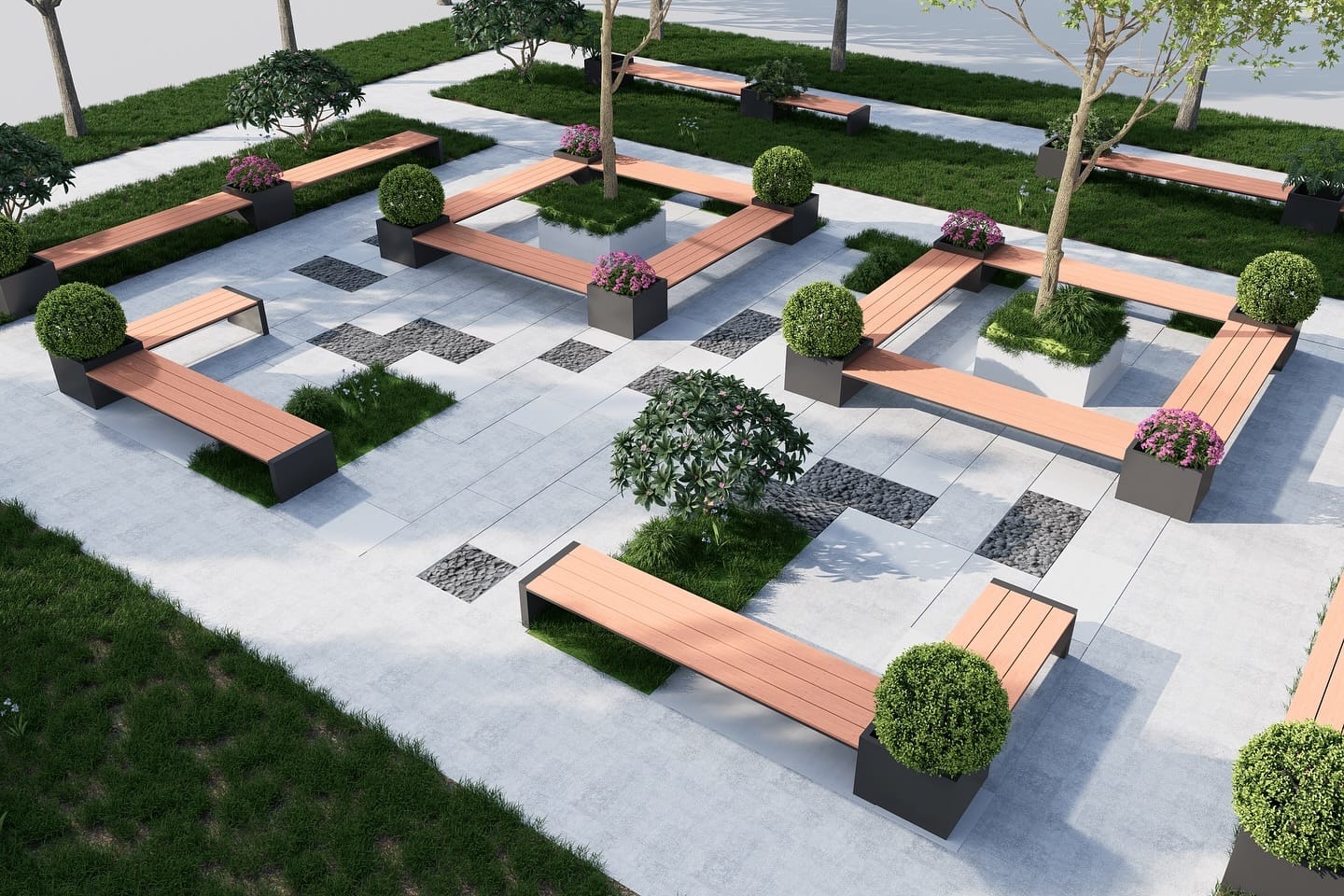 outdoor bench with built-in planters