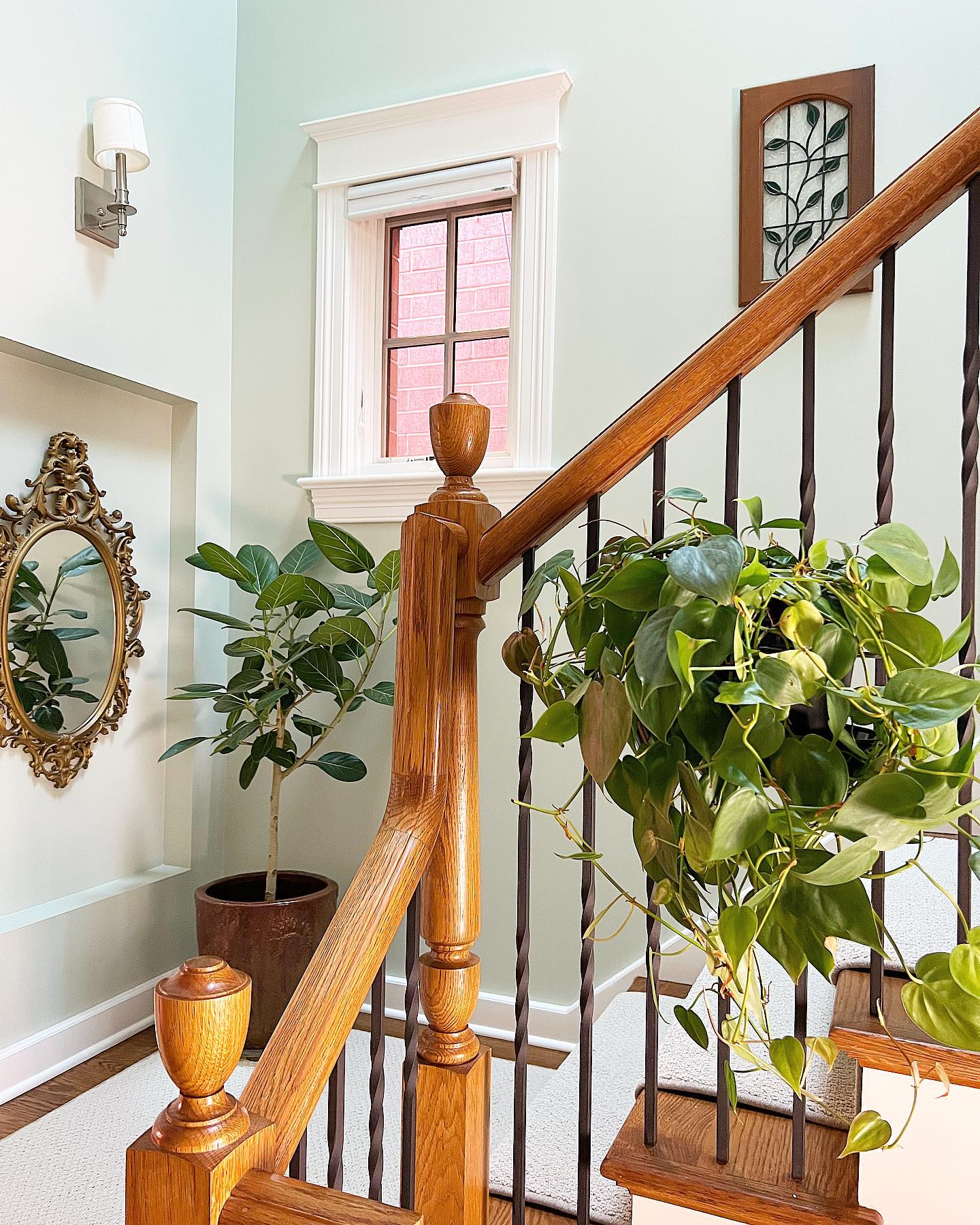 plants on reclaimed wood along staircase