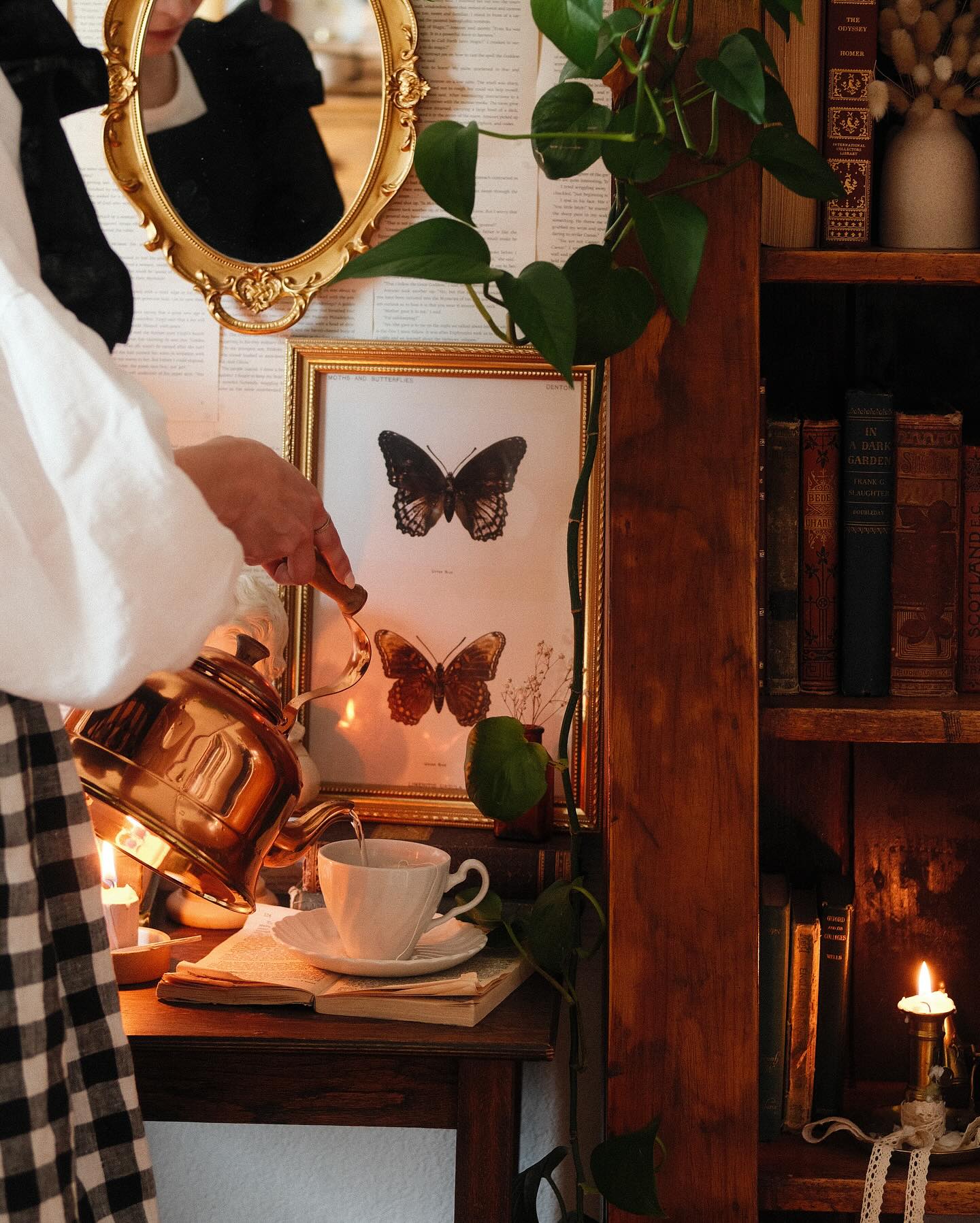 bookshelf with teapot planter