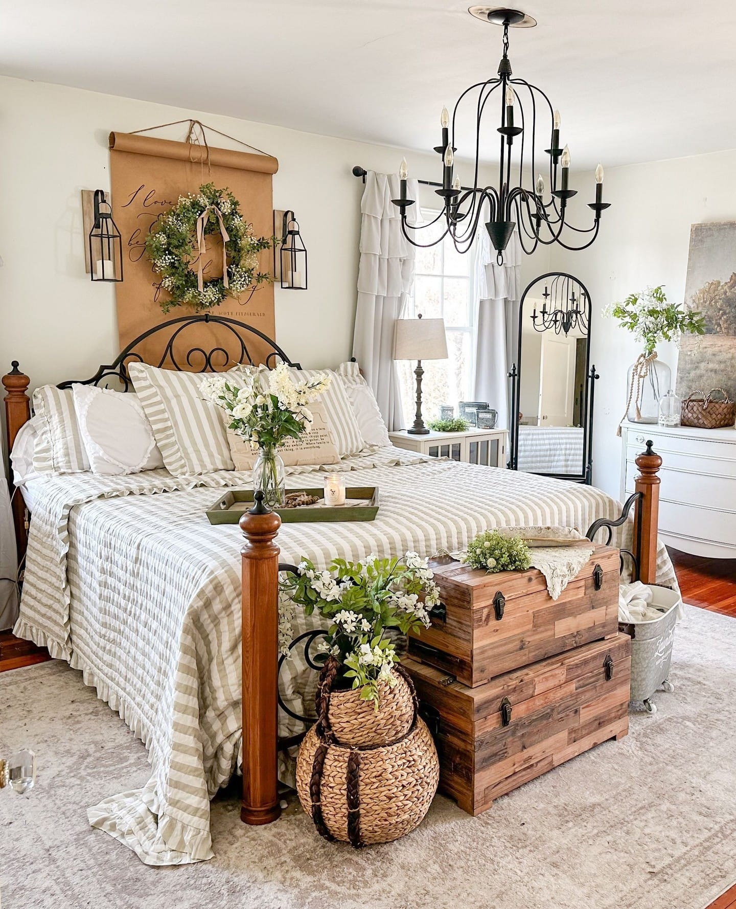 bedroom with teapot planter nightstand