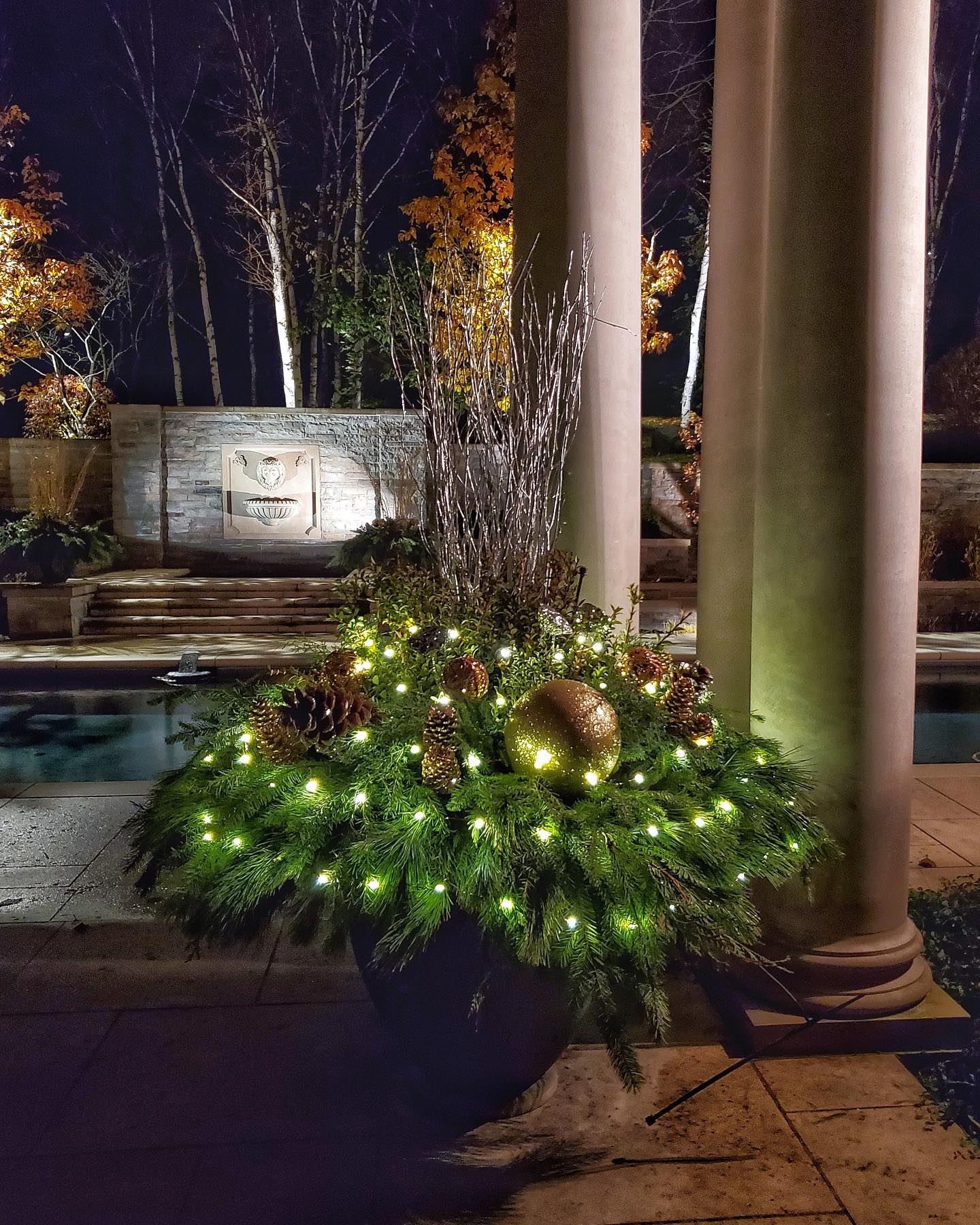 LED lights wrapped around planters