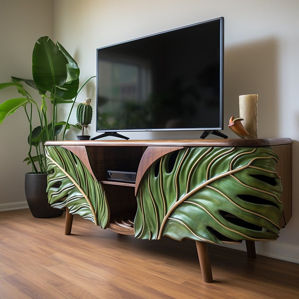 large monstera leaves beside console