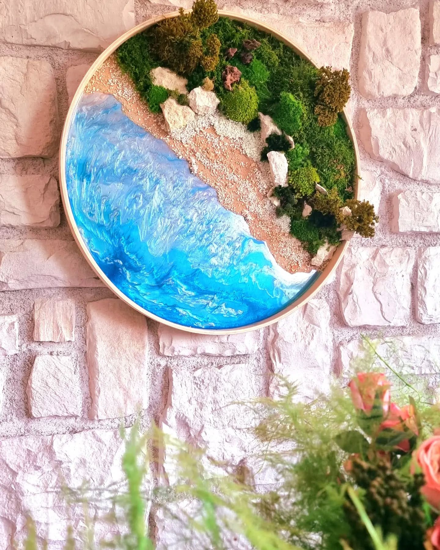 wooden frame plant tapestry in dining room