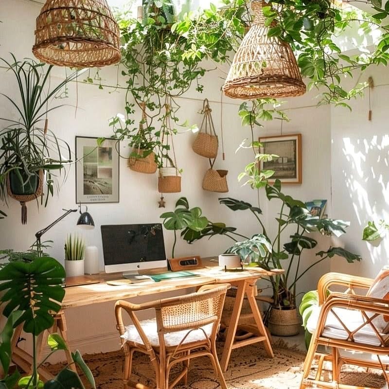 hanging planters with trailing vines