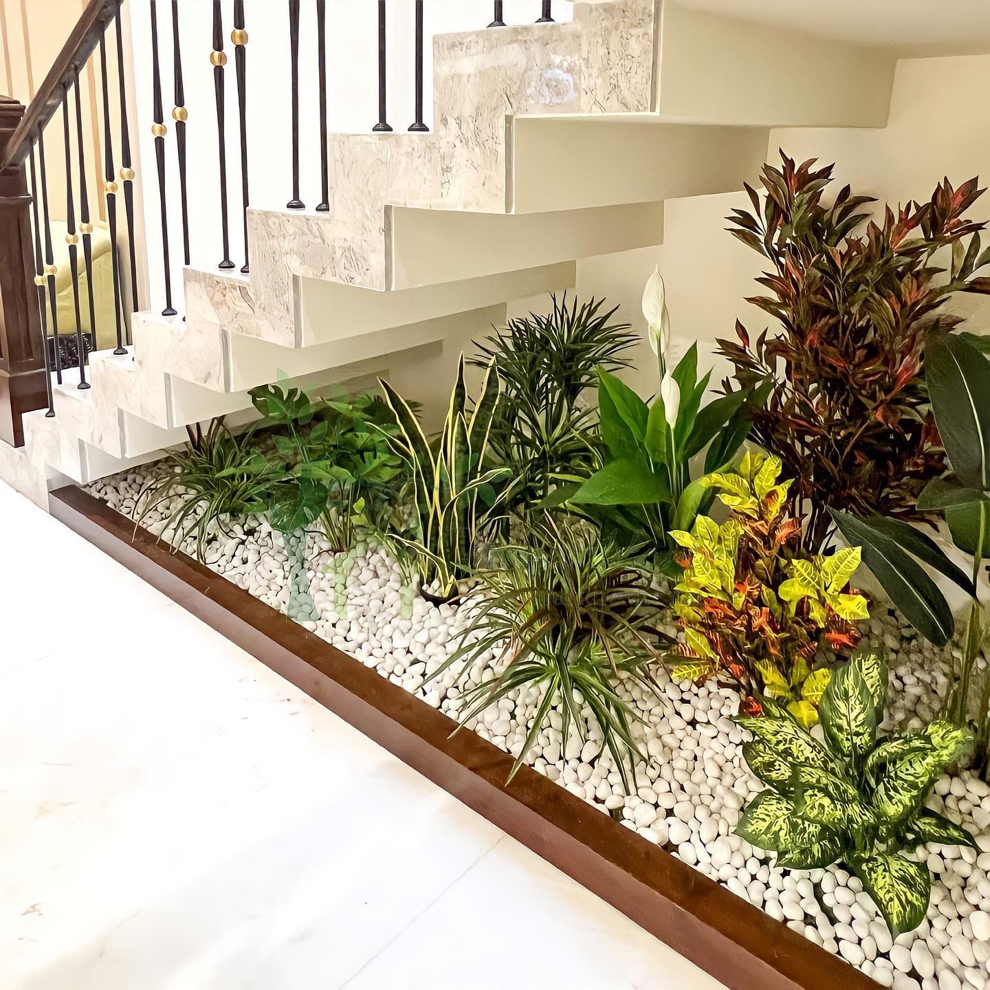 peace lily on staircase landing