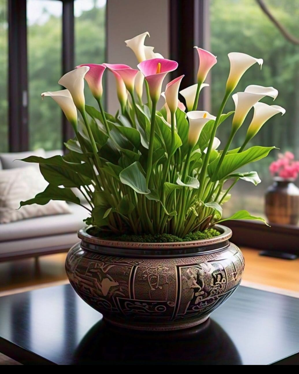 rose quartz with peace lily in living room