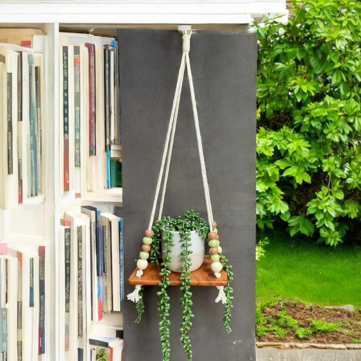 macramé shelf with ferns