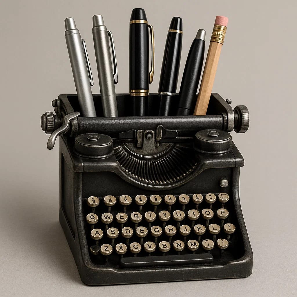 typewriter with succulents on desk
