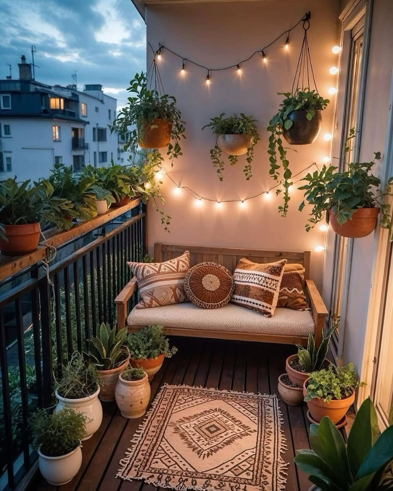 fairy lights draped over bench