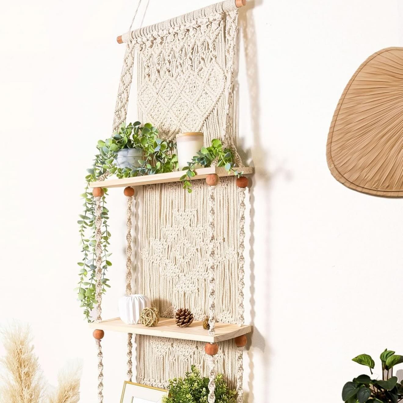 macramé hanger with wooden shelf