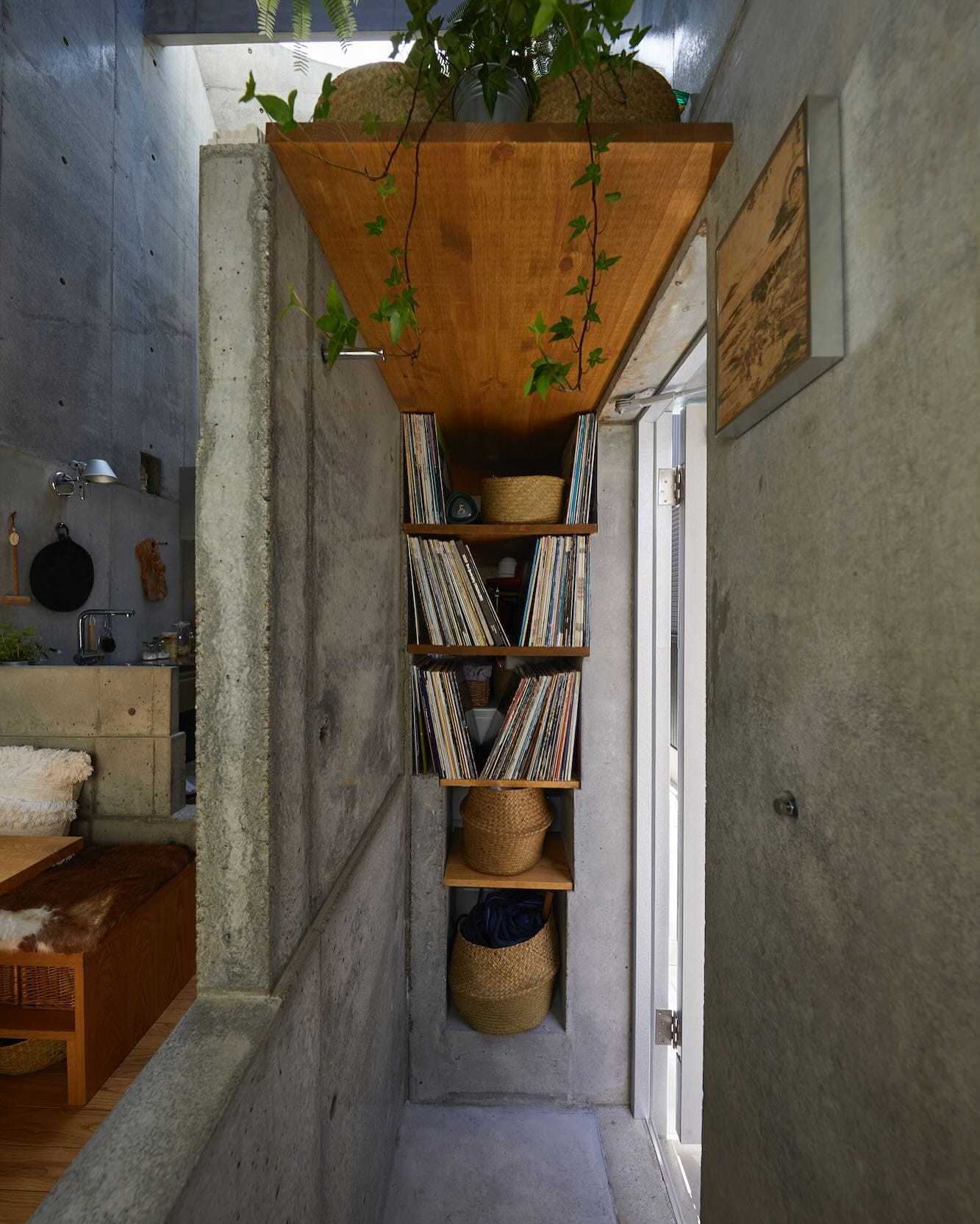 hanging wall planters above record player