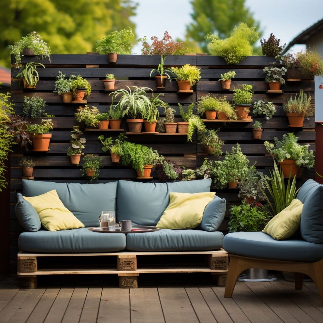 pallet garden divider with vibrant flowers