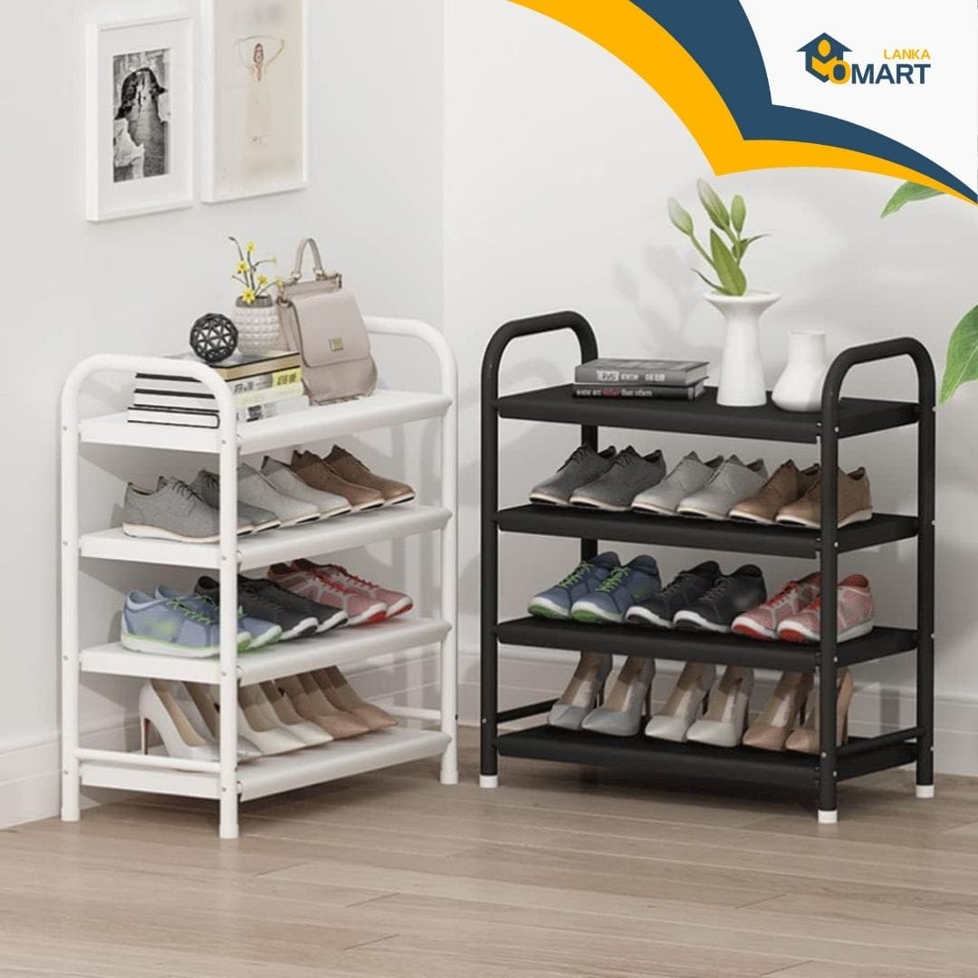 small wooden shoe plant holder on narrow shelf