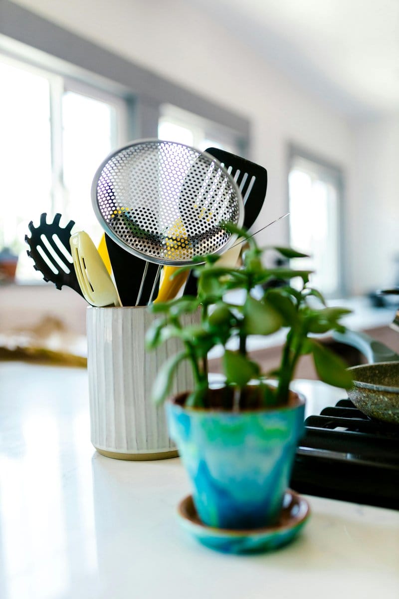 kitchen counter with herb pots