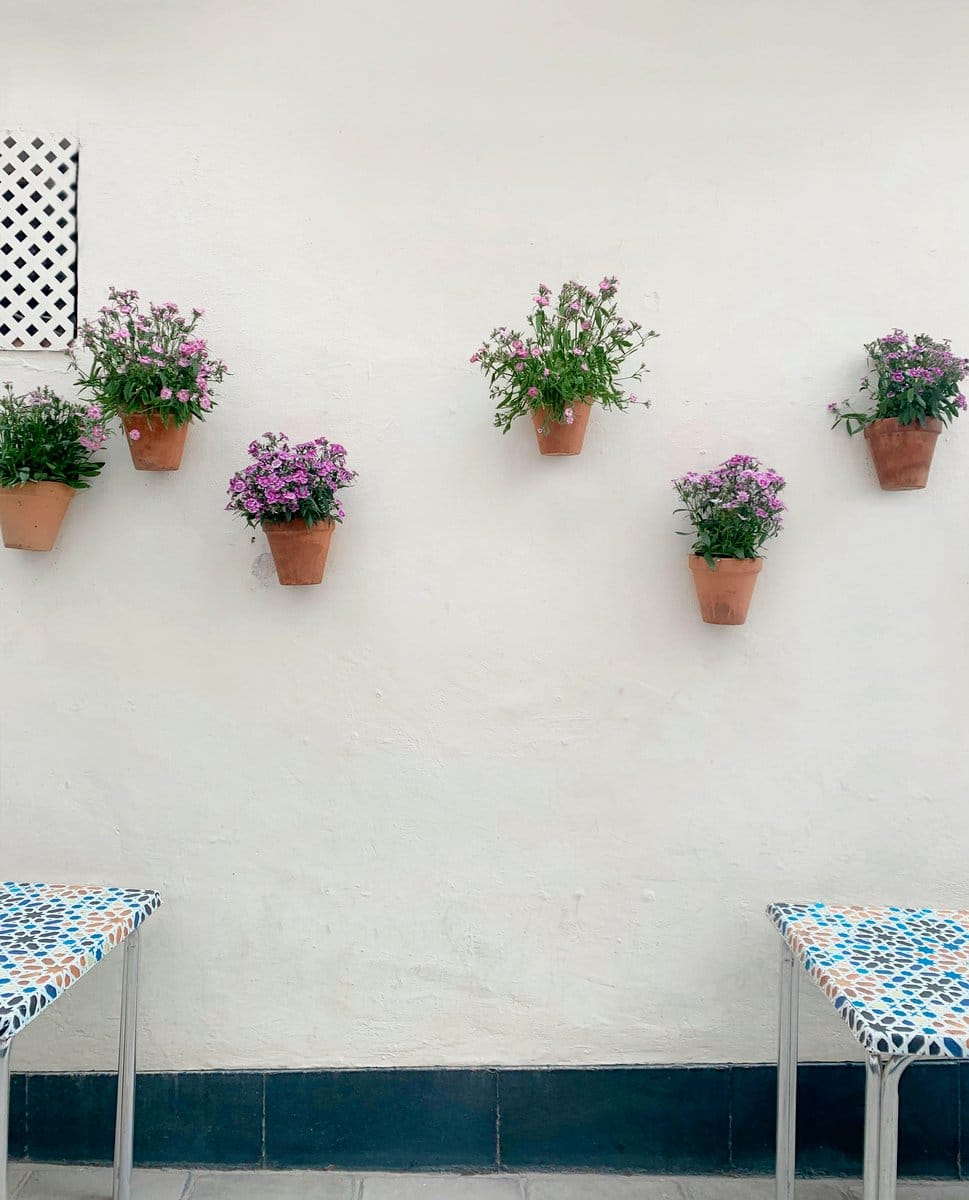Vertical garden with mosaic tile-wrapped pots