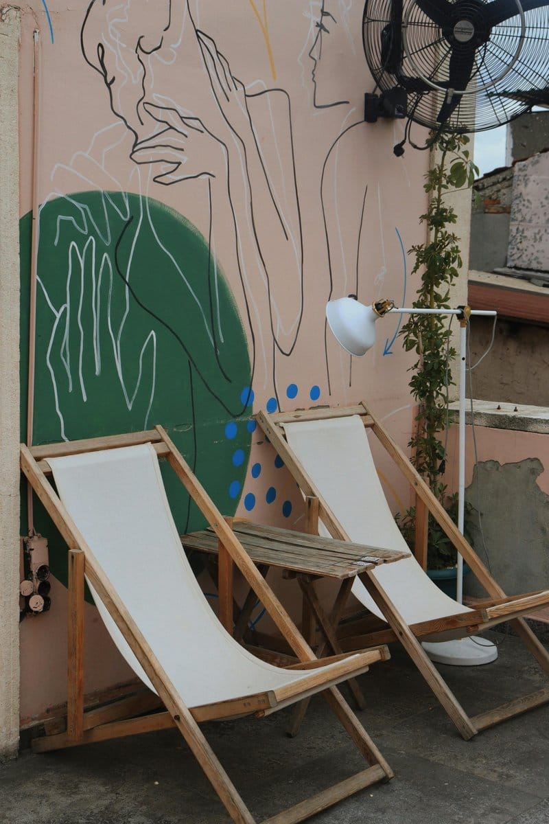 fan on patio with bean plants