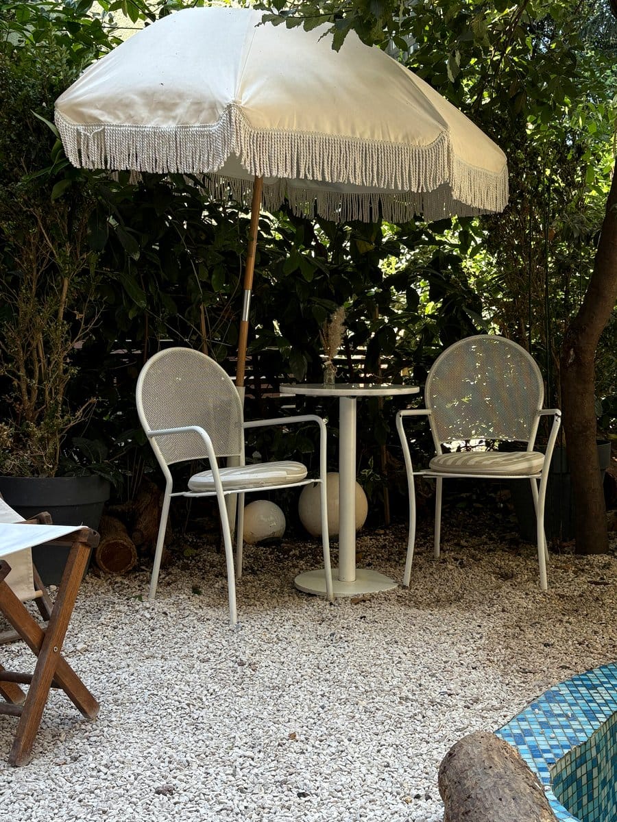 Patchwork denim cushions on patio chairs