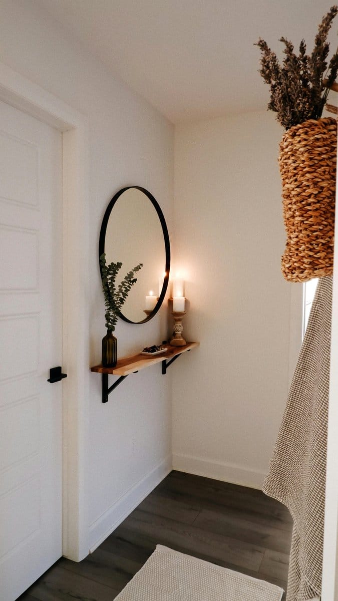 woven baskets with plants in hallway