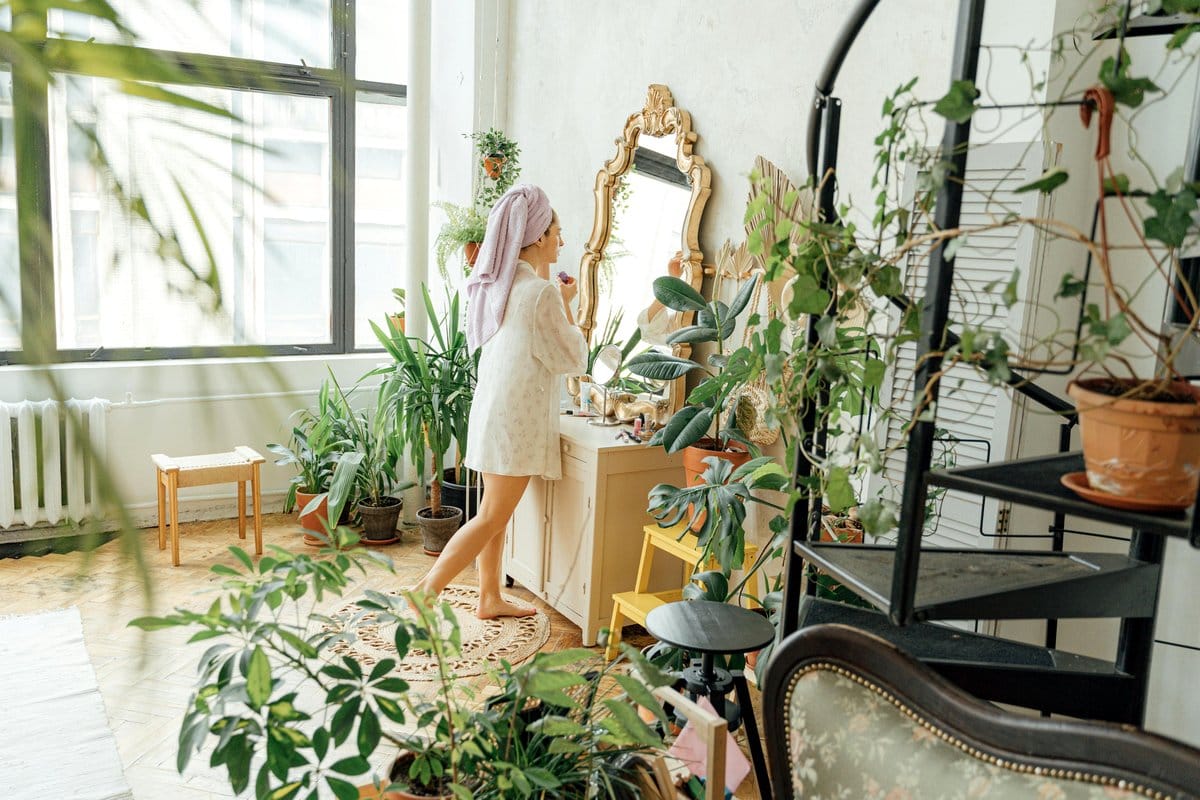Mandala-patterned rug with potted plants