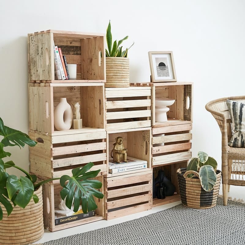 wooden crates with plants on staircase