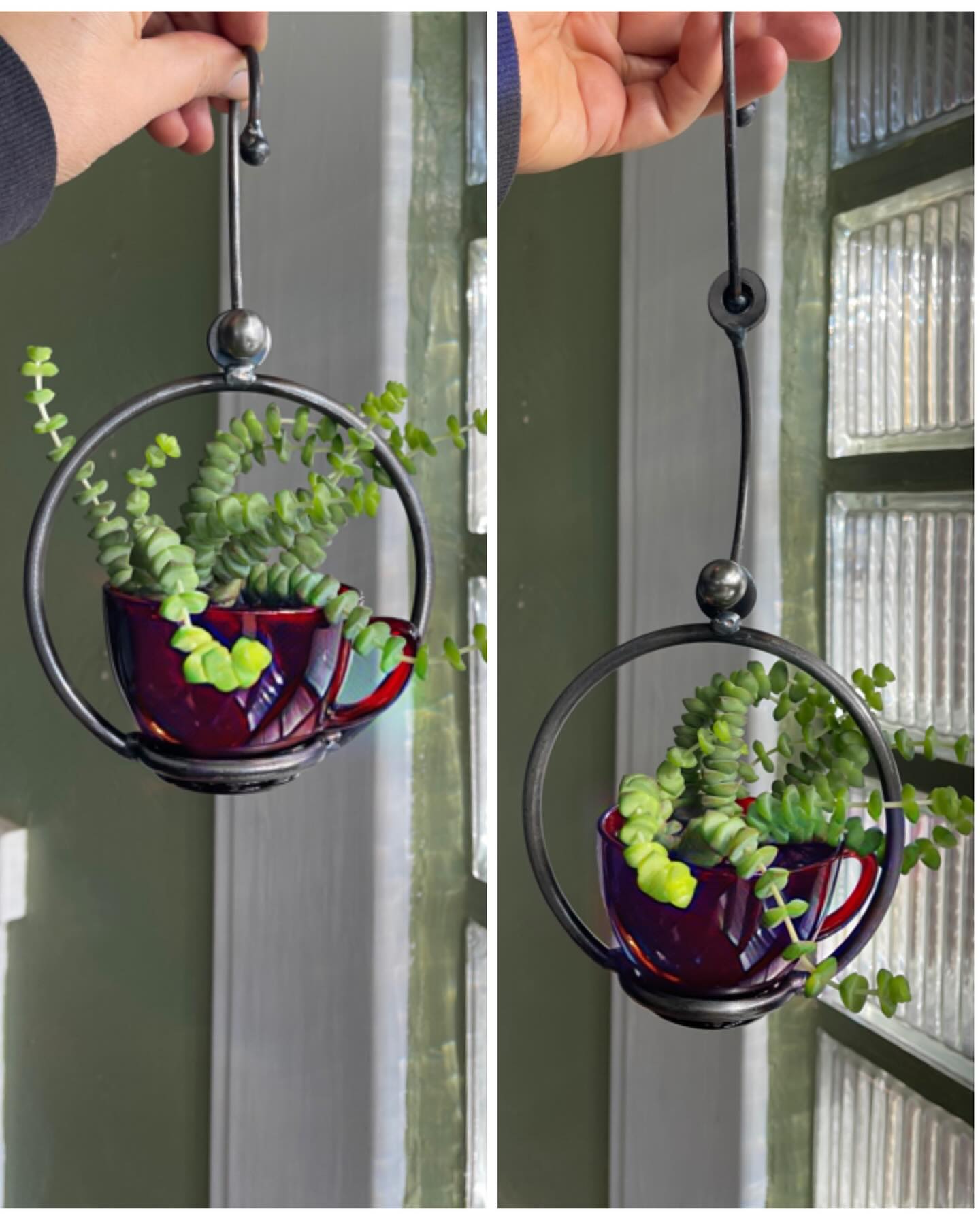 colorful plant shelf with teapot planters
