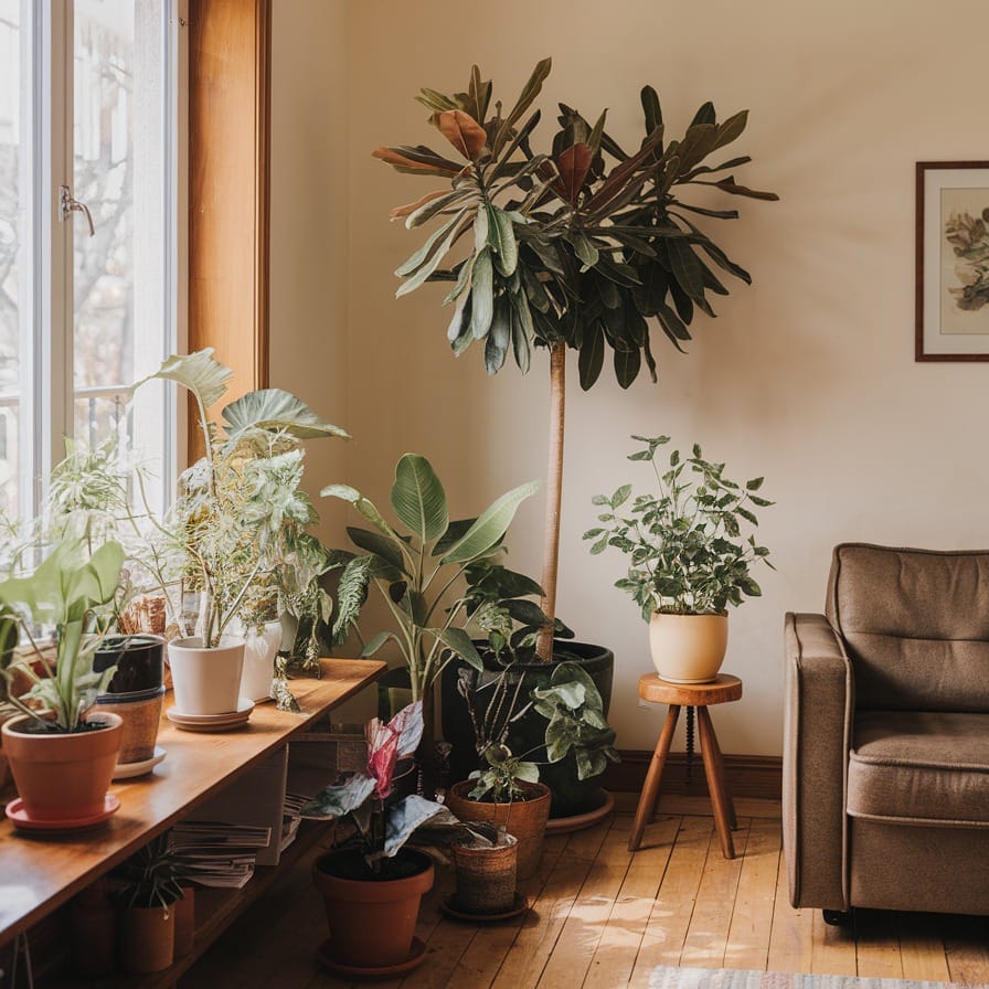 ZZ Plant and Parlor Palm in reading nook