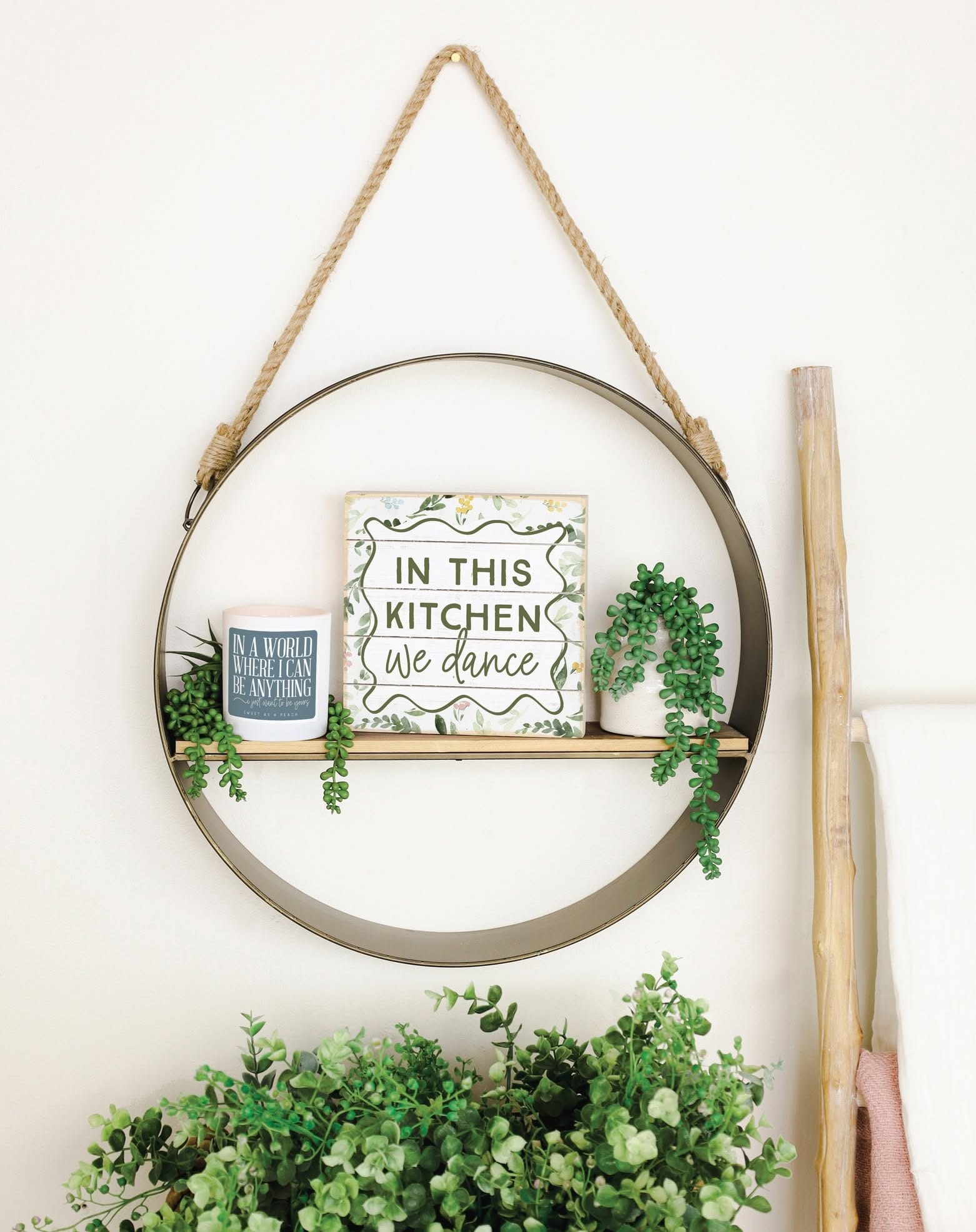 suspended rope shelves with ivy